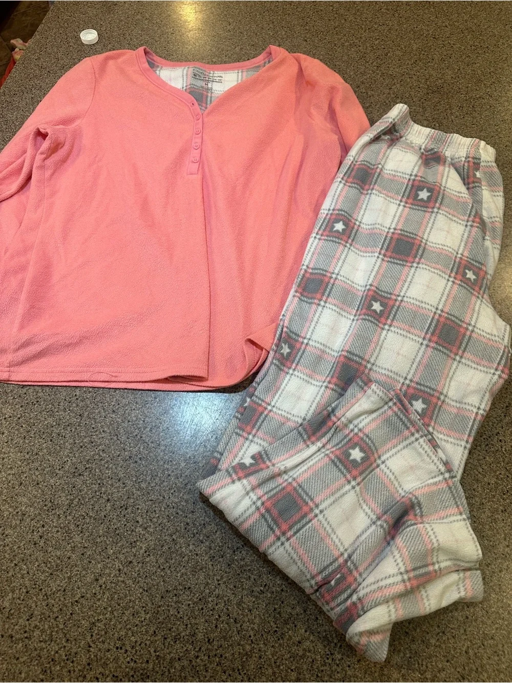 Womens ' Coral Pink Fleece Pajama Set with Plaid Star Pants